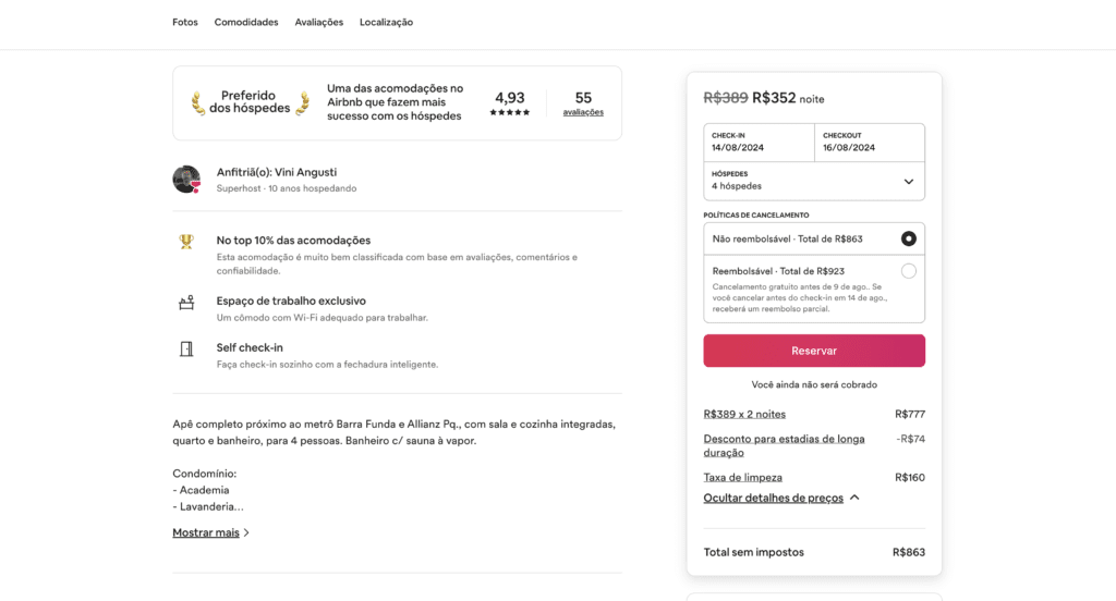 Taxa do Airbnb apenas para o anfitrião